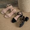 Sandalias para Mujer Verano 2025 Nuevo Cuero Suave Versátil Hebilla de una Línea Tacón Grueso Tacón Medio Estilo Hada Negro Romanas Zapatos de Mujer