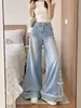 Chao Li tiene en stock jeans azules claros para mujer con lazos, bordes doblados y un elegante diseño a cuadros, nuevos pantalones anchos holgados