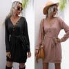 Bai Fen Zhi Yi Vestido Suéter de Punto con Botones de Manga Larga de Color Sólido Ajustado Europeo y Americano Otoño e Invierno para Mujer
