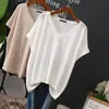 Verano Nuevo Gordo mm 1.0-150 kg Talla Extra Grande Holgada Delgada Cuello en V Manga Corta Camiseta para Mujer Seda de Hielo Versátil Top de Moda