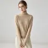 Novo modelo de outono 100% cashmere puro, blusa base, malha feminina de gola alta lisa, suéter quente sem costura