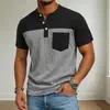 2026 Comercio Exterior Amazon Verano Nuevo Talla Europea Moda Masculina Colorido de Moda Bloque de Color Camiseta de Manga Corta Henley Top para Hombre