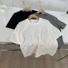 Suéter Camiseta de Manga Corta de Algodón Puro Holgado de Primavera con Hombros Descubiertos, Base Simple de Color Sólido, Punto Medio Trasero, Cuello Redondo, Todas las Combinaciones para Mujer