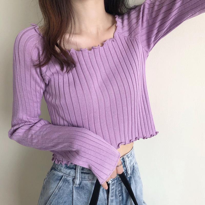 帮手主图-方领高腰短款上衣女2020新款白色长袖网红t恤女i