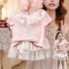 Conjunto Estilo Doce Infantil Ningli Novo Verão Infantil Cor Blocada Gola Boneca Camiseta Estampada Saia Bolo