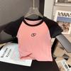 Camiseta de manga curta de algodão puro estilo americano estilo retro contraste feminino 2024 verão novo Spice Girls Slim-fit slim bordado