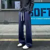 Calça moletom casual de cordão, perna reta, estilo high-street, para homens, calça americana desconstruída com drapeado, plus size, corte solto, levemente flare