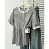 Hermana Mayor Verano Nuevo Estilo Versión Coreana Adelgazante Encaje Cuadros Manga Corta Camisa de Muñeca Elegante Cubre-Grasa Top Pequeño Mujer 0326