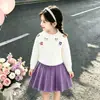 Conjunto de Suéter para Niña Estilo Coreano Flor Tridimensional Morado Cárdigan Tejido 2026 Elegante Suéter de Manga Larga Conjunto de Dos Piezas