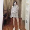 Shorts Waffle europeus e americanos Top de manga comprida Conjunto de duas peças Verão feminino tamanho grande solto estilo Harajuku Terno de moda casual
