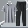 Traje de Verano para Hombre de Seda de Hielo Transpirable Deportivo Casual Cuello Redondo Pantalón Largo Traje de Secado Rápido Traje de Manga Corta de Seda de Hielo para Hombre