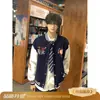 Chaqueta de Béisbol Retro Americana Azul Marino para Hombre, Chaqueta Corta de Moda Otoñal High Street con Bordado de Letras, Chaqueta de Pareja