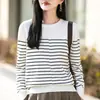 Suéter clássico de malha de algodão puro com gola redonda e listras para mulheres, suéter pullover casual outono/inverno em color block preto e branco, peça básica de manga longa.
