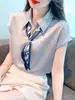Camisa Feminina de Manga Curta, Novo Estilo Verão 2026, Estilo Francês, Estilo Profissional e Maduro, Camisa Azul de Manga Curta A3950