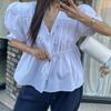 Cardigã Feminino Alto Casual Decote V Plissado com Cadarço Coreano