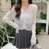 Cárdigan de punto con cuello en V y manga larga, protector solar de seda helada, camiseta de verano con aire acondicionado para mujer, abrigo de primavera y otoño, top corto calado de seda helada