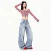 Primavera 2026 Nuevo Estilo Retro Americano Azul Lavado Diseño de Costura Lateral Jeans Tridimensionales para Mujer Pantalones Anchos Holgados