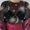 Roupa Feminina Popular Transfronteiriça de Verão Europeia e Americana 2024 Nova Estampa de Estrela e Lua Malha Transparente Camiseta Curta