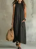 Nuevo Producto 2026: Vestido de tirantes drapeado vintage de algodón y lino transfronterizo, estilo casual europeo y americano, vestido maxi suelto de color liso para mujer