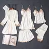 Pijama de Gasa Satinada para Mujer Otoño e Invierno Sexy Estilo Seda Conjunto de Cinco Piezas Seda con Almohadilla en el Pecho Camisón de Tirantes Ropa para el Hogar