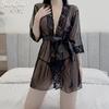 Amor Fantástico Nuevo Estilo Ropa Interior Sexy Cárdigan de Malla para Mujer Encaje Transparente Tentación Estilo Japonés Kimono Sexy Pijama de Tres Piezas