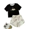 Shorts Curtos de Manga Curta Finos Europeus e Americanos Transfronteiriços para Mulheres, Pijama Respirável de Gola Redonda de Tamanho Grande para Exportação para Mulheres, Roupa de Casa Casual Fofa