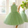 Vestido para Menina Gola Halter Lantejoulas Fofo Vestido de Casamento Vestido de Princesa Vestido com Recorte nas Costas para Crianças Vestido para Apresentação de Piano de Menina