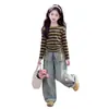 Conjunto de Roupa de Outono para Meninas 2026 Novo Conjunto de Duas Peças Vintage Listrado e Calça Pantalona para Meninas Mais Velhas Roupa Casual