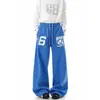 Estilo callejero europeo y americano, azul, corte holgado, pierna ancha, unisex, bordado con estampados de letras, pantalones deportivos casuales de pierna recta
