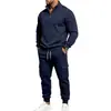 Conjunto de moletom com zíper e bolso canguru e calça, estilo workwear, gola alta, forrado de fleece, pesado, outono e inverno, transfronteiriço europeu e americano, masculino, corte solto