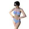 Top de tubo estilo 'Puro Deseo' a rayas de alta gama Bikini de cuatro piezas conservador inspirado en Chanel para mujer con pañuelo para la cabeza