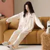 Algodão Puro Conjunto de Pijama Feminino Manga Longa Calça Longa Gola Lapela Solto Fofo Estampa de Desenho Roupão de Casa Outono