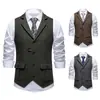 Chaleco Blazer Tweed Espiga Raya Vertical Retro Británico 2026 Hombre Corte Delgado Banquete Ropa de Trabajo Chaleco Prendas de Abrigo