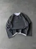 Ins estética clássica gola Henley abotoada retro falso duas peças top cor de outono bloco de cores casal camiseta de manga comprida