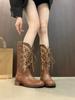 Botas Retro de Caballero de Tacón Grueso Botas Vaqueras Occidentales Zapatos de Mujer 2025 Otoño e Invierno Nuevas Botas con Cordones Cruzados Botas