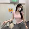 6535 Camiseta de Algodón Irregular de Manga Corta para Mujer Verano Estilo Coreano Estudiante Diseño Irregular Cuello U Color Sólido Top Básico