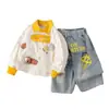 Terno Masculino para Primavera e Outono, Nova Jaqueta Cartoon Fofa Estilo Coreano, Conjunto Casual Infantil de Duas Peças com Calça