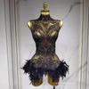 Vestido de Noite Sexy Transparente de Tule Justo com Penas de Diamante Luxuoso Fantasia Sexy de Performance para Baile de Formatura Palco