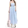Vestido Largo Azul Estilo Puro Deseo de Verano con Cruz en el Pecho y Espalda Descubierta para Mujer, Ceñido a la Cintura, Elegante, Hombros Descubiertos, Línea A