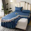 Renda bordada em algodão puro, amigável à pele, design de princesa estilo coreano, saia de cama lisa, disponível para camas de solteiro e casal, com características antiderrapantes, acabamento de renda para atacado