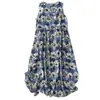 Verão 2024 Novo Vestido Feminino de Algodão e Linho Estampado com Gola Redonda, Sem Mangas, Cintura Ajustável com Cadarço, Elegante e Longo