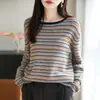 Camiseta base de punto a rayas con bordado de calabaza a la moda para mujer, nuevo top holgado para mujer de primavera y otoño 2026, suéter de otoño e invierno
