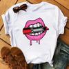 Camiseta feminina de manga curta estampada com lábios estação independente tamanho europeu plus size camisa de fundo gola redonda