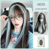 Peruca Yiduo Fina e Elegante para Mulheres, Cabelo Longo, Estilo Lolita, Mechas Verdes, Cabelo Longo Liso, Peruca de Rabo de Cavalo Duplo para Meninas, Peruca de Cabeça Inteira