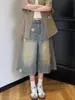 Shorts jeans retro americano com estampa de estrelas para mulheres, lavagem desgastada, calça cropped casual solta de perna larga