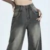 Estilo americano retro casual perna larga jeans feminino novo cintura alta lavado antiquado solto calças retas