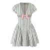 7569-25 Novo Estilo de Verão Estilo Europeu e Americano Doce Verde Listrado Algodão Sexy Decote em V Profundo Mini Vestido