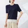 Nova moda de verão T-shirt feminina de tricô falso de duas peças, estilo coreano, elegante, solta, simples, com blocos de cor, gola redonda, manga curta, feita de Liocel