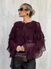 Blusa de Gasa Elegante Color Borgoña con Cuello Redondo y Volantes Estilo Retro Francés para Mujer Diseño Primavera 2026