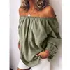 Camisa de Mujer de Manga Larga, Color Sólido, Algodón-Lino, Fruncida Elástica, Hombros Descubiertos, Talla Grande Holgada, Estilo Europeo y Americano, En Stock, 2026